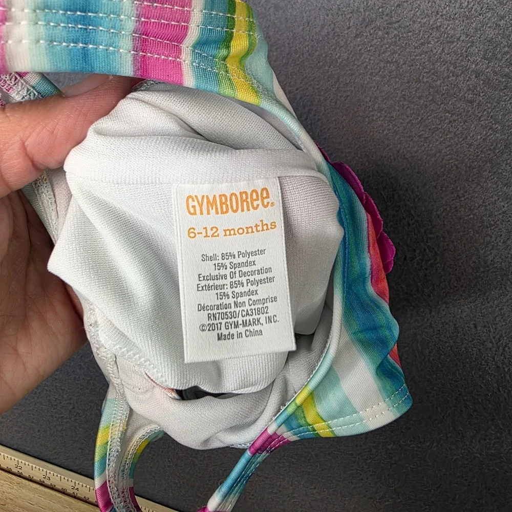 Gymboree Girls Rainbow Striped Fish One‎ Piece Swimsuit 6-12M Bow Back